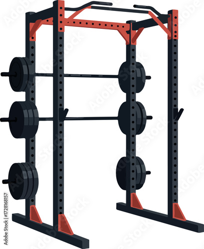 Heavy duty weightlifting power rack with multiple weight plates for fitness.