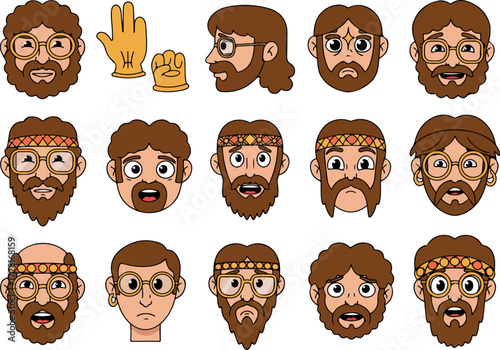Hippie faces collection with various expressions and hairstyles in cartoon style.