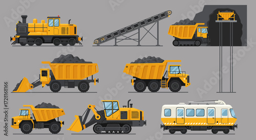 Collection of yellow mining and construction vehicles against a gray background