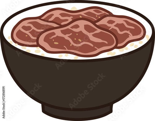 A simple illustration of a bowl of rice topped with thinly sliced cooked beef.