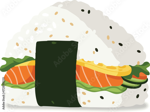 A close-up illustration of a triangular onigiri rice ball with a seaweed wrap and red filling.