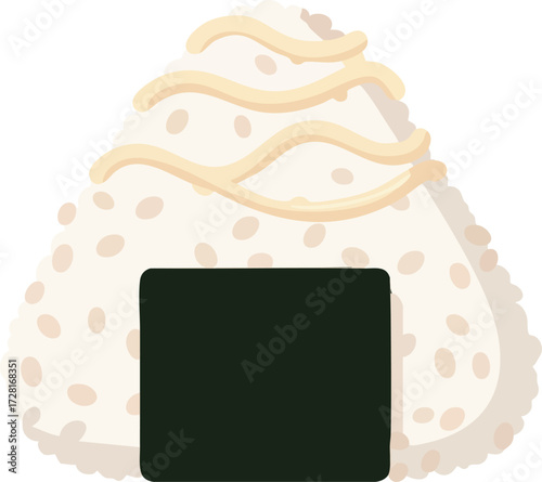 A simple illustration of a triangular Japanese onigiri rice ball wrapped in nori seaweed and topped with a creamy mayonnaise drizzle.