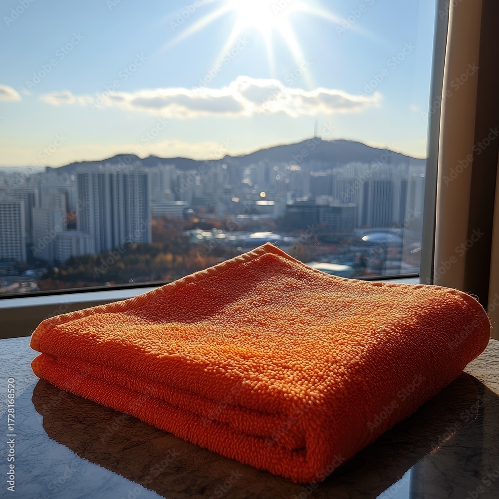 Obraz premium Orange towel folded on a table, city view
