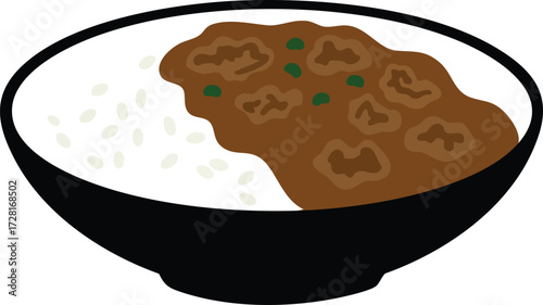 Bowl of curry rice with meat and green garnish.