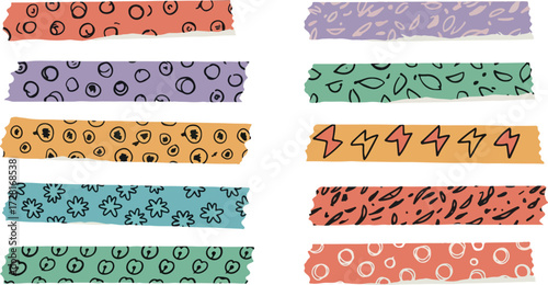 Colorful decorative washi tapes with various patterns for crafting and design.