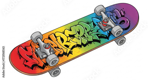 A colorful skateboard with graffiti art, the skateboard is a popular form of transportation and recreation