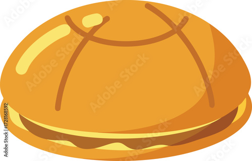 A simple and cute cartoon illustration of a golden-brown melon pan, a popular Japanese sweet bun with a scored top.
