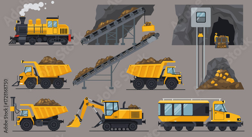Mining equipment illustration featuring trains trucks excavators and conveyor belts