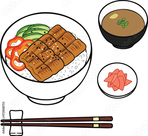 A bowl of eel rice with soup and pickled ginger, a traditional Japanese meal.