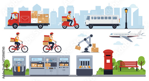 Logistics and delivery icons featuring vehicles workers machinery and mail infrastructure