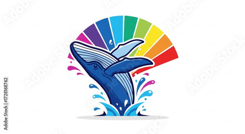 Whale jumping out of water with rainbow color fan whale is a widely distributed and diverse group of fully aquatic placental marine mammals