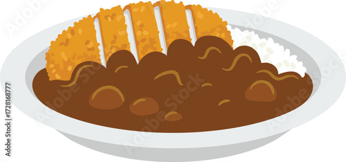 Illustration of a plate of Japanese curry rice katsu with a white background.