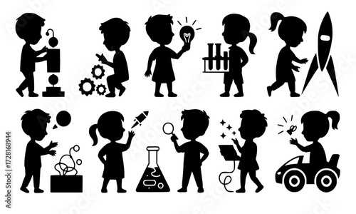“Kid Inventors Day Silhouette Vector Set,Black Silhouette Illustrations of Children as Inventors, STEM Creativity and Innovation”