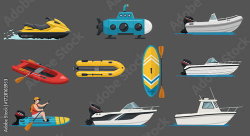 Nine distinct watercraft illustrations arranged in a threebythree grid