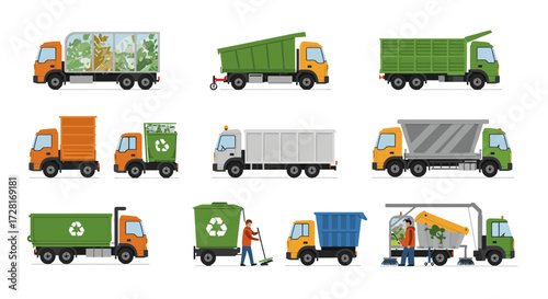 Set of nine illustrations of various trucks for waste management and recycling
