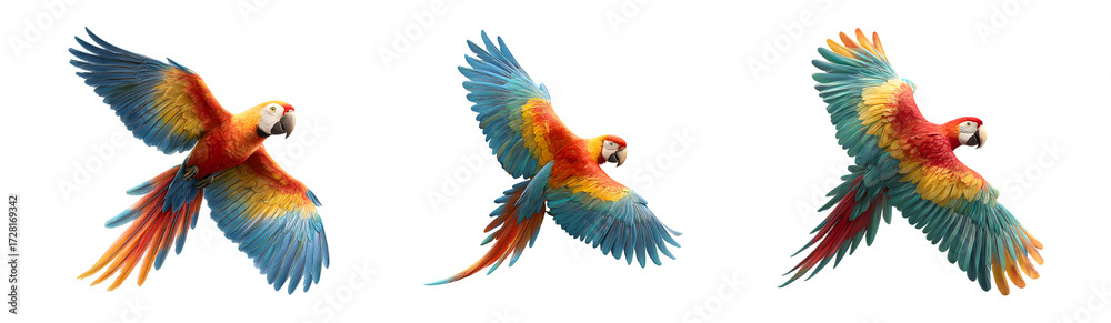 Obraz premium Set of three colorful macaw parrots in flight.