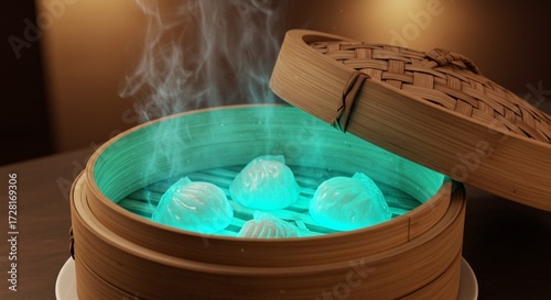 Ethereal Steaming Dim Sum Dumplings in Bamboo Basket with Glowing Emerald Green Light and Wispy Smoke Vapor
