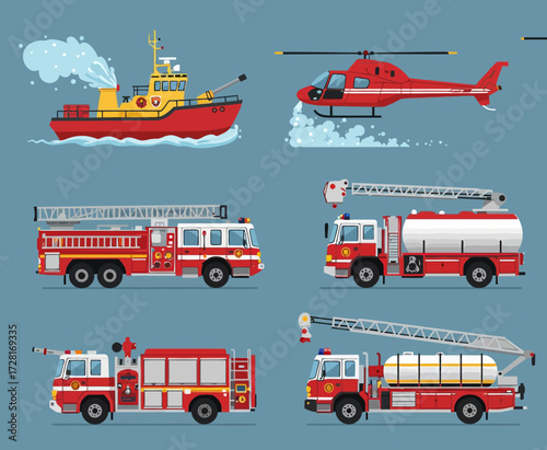 Six red and white emergency vehicles including boats helicopters and trucks