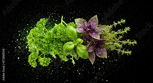 Fresh Organic Herbal Bouquet Featuring Purple Basil and Thyme Sprigs with Spice Dust