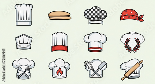 A diverse collection of chef hat icons, showcasing various styles and designs, including toque, pillbox, bandana, and embellished options
