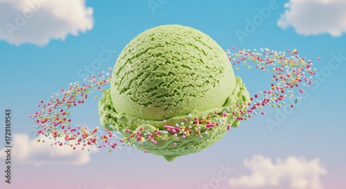 Surreal Green Lime Ice Cream Scoop Floating as a Planet with Colorful Sprinkles Rings in Blue Sky Background