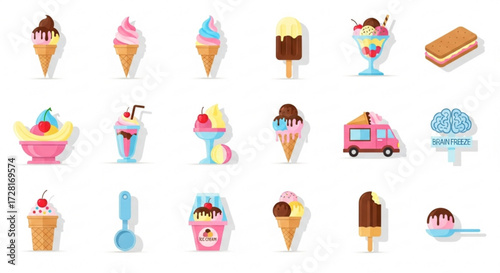 Assorted ice cream collection variety of frozen treats, including cones, sundaes, popsicles, and sandwiches, in different flavors and colors