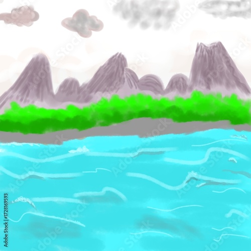 A hand made Mountains, Lush Greenery, and Turquoise Waters