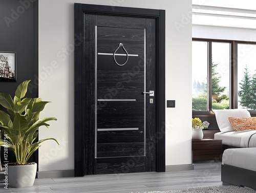 Modern Black Interior Door with Silver Accents for Bedroom