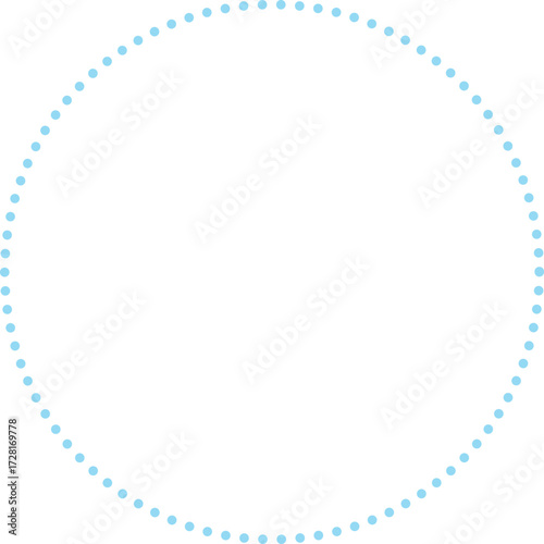 This is a minimalist graphic image featuring a large circle composed entirely of small, sky blue dots. These dots are evenly spaced and form a perfect circular outline against a plain.