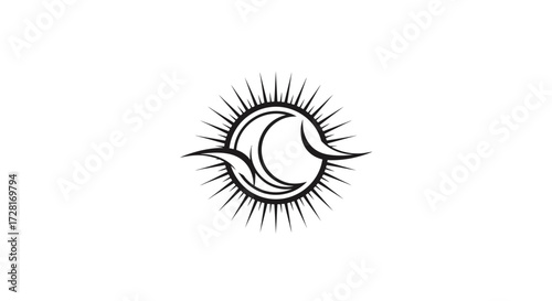 Abstract vector logo of a stylized sun and moon, featuring symmetrical radiant rays and elegant celestial swirls, symbolizing cosmic balance, harmony, and unity