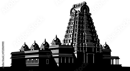 Striking flat vector silhouette of a towering Indian temple, showcasing intricate Dravidian architecture and cultural heritage, perfect for spiritual and design concepts