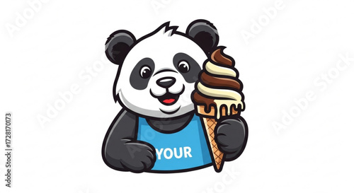 A cute panda bear holding a delicious ice cream cone, , perfect for branding or promotional material