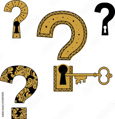 Intriguing question mark collection with keyhole and key designs.