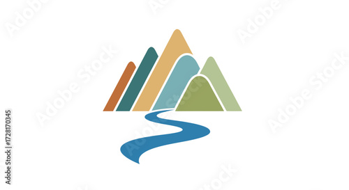 Modern vector logo design showcasing abstract geometric mountains with a winding river, symbolizing nature's flow and majestic landscapes