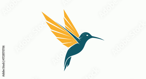 Minimalist abstract illustration of a graceful hummingbird in swift flight, depicted with a sleek blue body and vibrant orange wings, ideal for modern branding and logo designs