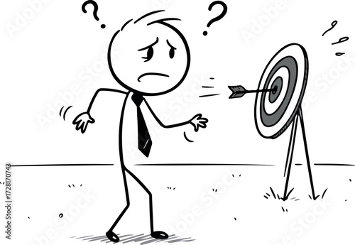 Confused businessman stares at the target with an arrow.