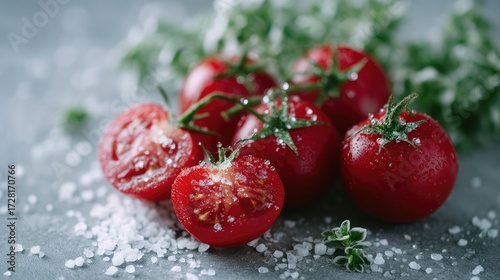 Close Up of Fresh Red Cherry Tomatoes with Salt and Herbs on a Grey Background