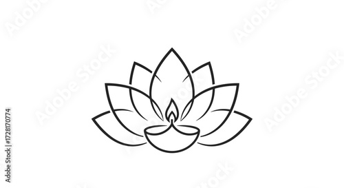 Clean line art logo featuring a stylized lotus blossom with delicate petals, gracefully holding a glowing diya lamp, embodying spiritual serenity and traditional Indian decor