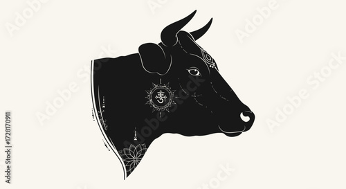 Elegant black silhouette of a cow head adorned with intricate floral and celestial mandala-inspired patterns, a sophisticated graphic design element suitable for diverse branding
