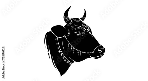 Elegant black and white stylized vector illustration of an Indian cow head, featuring intricate ornamental details and prominent horns, ideal for cultural branding and design projects