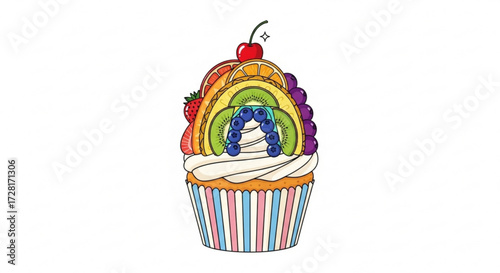 A vibrant rainbow fruit cupcake, a delightful treat, bursting with fresh flavors and colorful layers, a sweet and festive delight