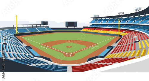Flat vector illustration of a modern baseball stadium with empty colorful seats and a clear green field, ready for an exciting game under bright skies and an open environment