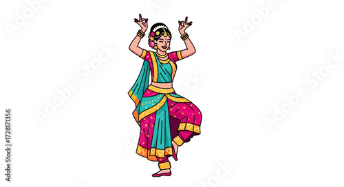 Vibrant vector flat cartoon illustration of a traditional Indian classical dancer performing gracefully on a clean white background, showcasing cultural art and elegant movement