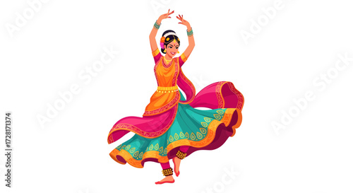 Vibrant vector illustration of an elegant Indian classical dancer performing a traditional cultural dance in colorful attire, embodying grace and artistry with expressive movements
