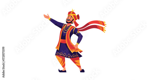 Vibrant vector illustration of a joyful Indian man in traditional festive attire, striking an energetic pose as if dancing or celebrating a cultural event