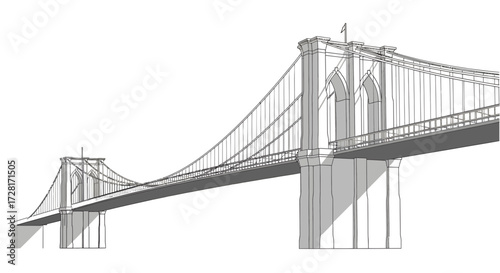 Vector illustration of an iconic suspension bridge in a minimalist line art style, rendered with a clean and abstract architectural design on a pure white background