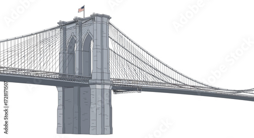 Iconic suspension bridge vector illustration. Flat graphic design showcasing distinct architectural towers and cables on a white background, representing urban engineering