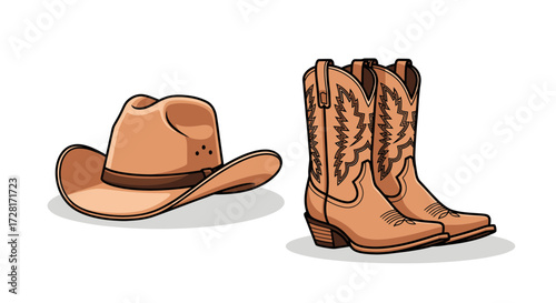 Crisp vector flat design illustration showcasing iconic Western fashion with a classic cowboy hat and traditional leather boots, isolated on a white background