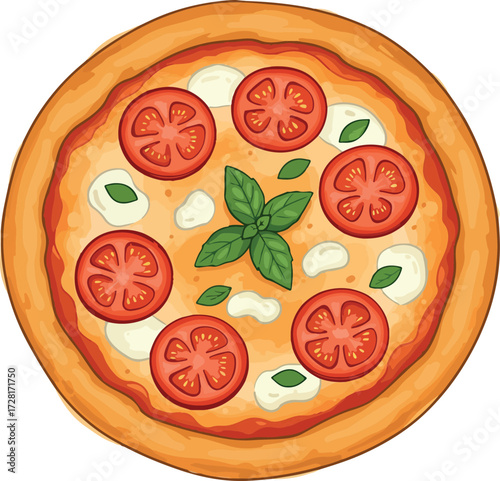 Delicious pizza with fresh tomatoes mozzarella and basil leaves.