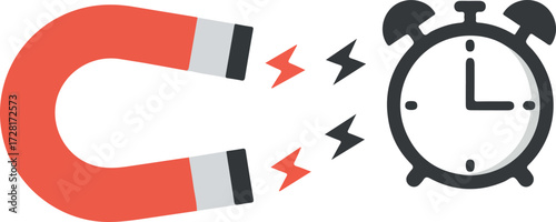 Magnet attracting time concept illustration with alarm clock.